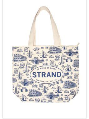 New STRAND BOOKSTORE TOTE WITH ZIPPER, NYC LANDMARKS TOILE, BLUE